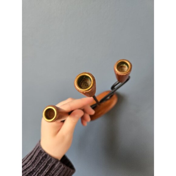 Danish Teak Three Arm Candleholder Luthje Denmark Modernist Brass Metal and Wood - Picture 6 of 10